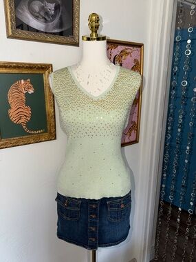 Vintage Y2K Sleeveless V-Neck Mint Sequin Knit Top